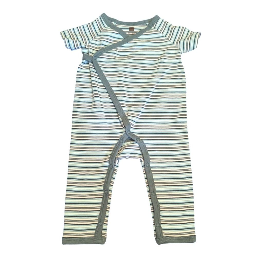 Tea Collection‎ Baby Boys Blue Striped Kimono Wrap Romper 3-6 Months Cotton